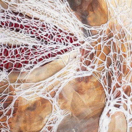 Santa le Roux, The Embrace (2022). 84 x 120 cm. Acrylic paint on canvas, wool and crochet thread.